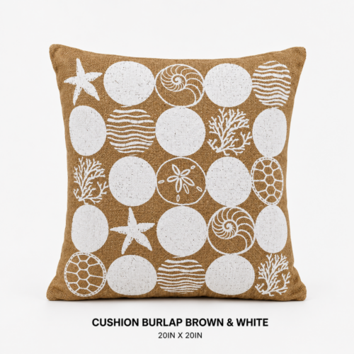 CUSHION_BURLAP_BROWN_AND_WHITE_20IN_X_20IN_DECORATIVE_THROW_PILLOW_COASTAL_SEASHELL_STARFISH_CORAL_PATTERN_NATURAL_BURLAP_TEXTURE_BEACH_THEME_ACCENT_CUSHION_TROPICAL_LOUNGE_SEATING_RENTAL_WEDDINGS_EVENTS_PARTY_CAYMAN_ISLANDS_CELEBRATIONS