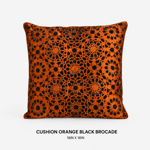 CUSHION ORANGE BLACK BROCADE 18IN X 18IN