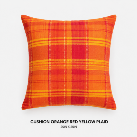 CELEBRATIONS GRAND CAYMAN RENTAL PARTY EVENTS CUSHION ORANGE RED YELLOW PLAID 20IN X 20IN