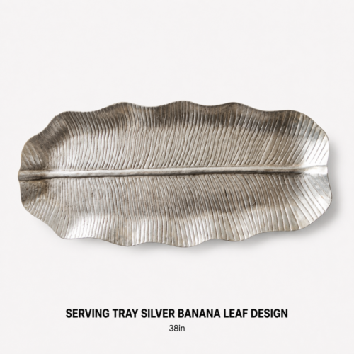 SERVING_TRAY_SILVER_BANANA_LEAF_DESIGN_38IN_TROPICAL_METAL_DISPLAY_TRAY_RENTAL_WEDDINGS_EVENTS_PARTY_CAYMAN_ISLANDS_CELEBRATIONS