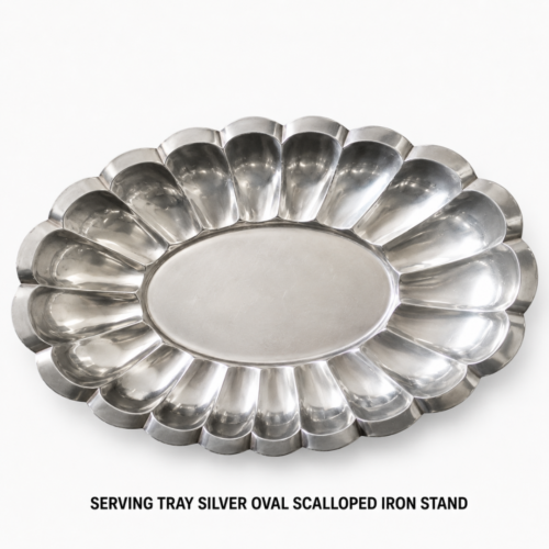 SERVING_TRAY_SILVER_OVAL_SCALLOPED_IRON_STAND_METAL_SERVING_DISPLAY_TRAY_RENTAL_WEDDINGS_EVENTS_PARTY_CAYMAN_ISLANDS_CELEBRATIONS