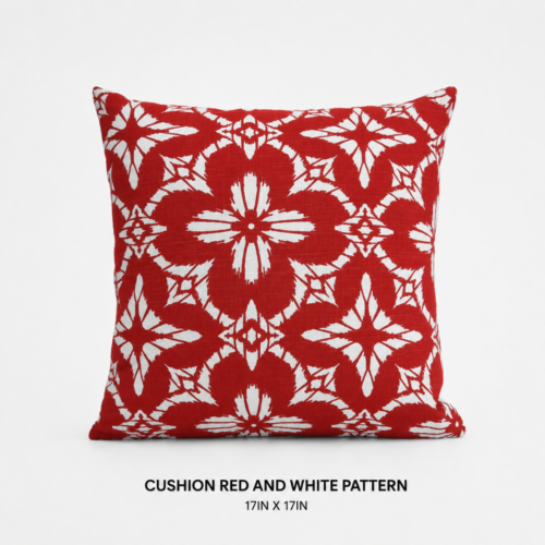 CUSHION_RED_AND_WHITE_PATTERN_17IN_X_17IN_DECORATIVE_THROW_PILLOW_RED_AND_WHITE_FLORAL_GEOMETRIC_PATTERN_BOLD_ACCENT_CUSHION_TROPICAL_COASTAL_LOUNGE_SEATING_SOFA_DECOR_RENTAL_WEDDINGS_EVENTS_PARTY_CAYMAN_ISLANDS_CELEBRATIONS