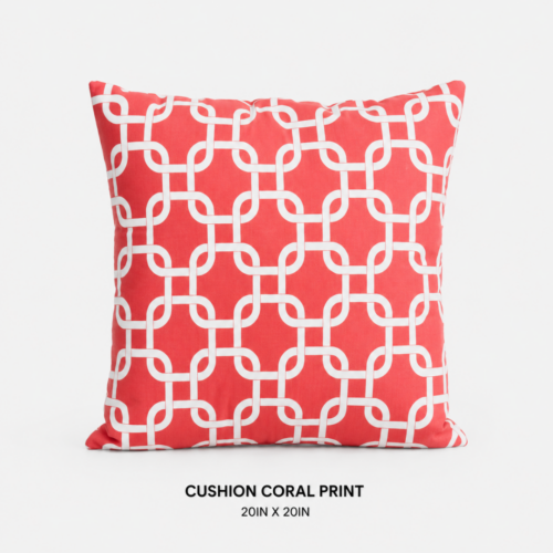 CUSHION_CORAL_PRINT_20IN_X_20IN_DECORATIVE_THROW_PILLOW_CORAL_AND_WHITE_GEOMETRIC_LINK_PATTERN_MODERN_ACCENT_CUSHION_TROPICAL_COASTAL_LOUNGE_SEATING_SOFA_DECOR_RENTAL_WEDDINGS_EVENTS_PARTY_CAYMAN_ISLANDS_CELEBRATIONS
