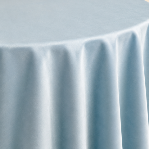 CELEBRATIONS CAYMAN RENTAL TABLECLOTH BLUE FOG VELVET ROUND 132inD