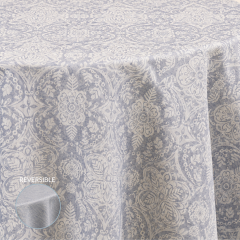 TABLECLOTH BLUE MOROCCO JACQUARD ROUND 132inD CELEBRATIONS GRAND CAYMAN RENTAL PARTY EVENTS TABLECLOTH BLUE MOROCCO JACQUARD ROUND 132inD