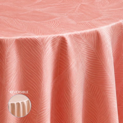 TABLECLOTH CORAL PALMERA REVERSIBLE ROUND 132inD CELEBRATIONS GRAND CAYMAN RENTAL PARTY EVENTS TABLECLOTH CORAL PALMERA REVERSIBLE ROUND 132inD