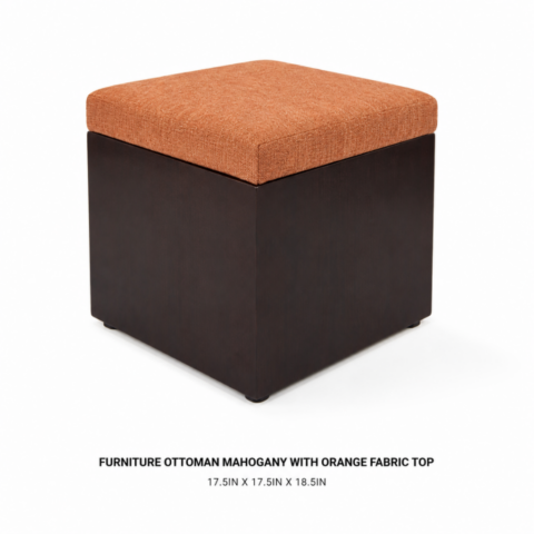 CELEBRATIONS CAYMAN RENTAL EVENTS WEDDINGS PARTY FURNITURE OTTOMAN MAHOGANY WITH ORANGE FABRIC TOP