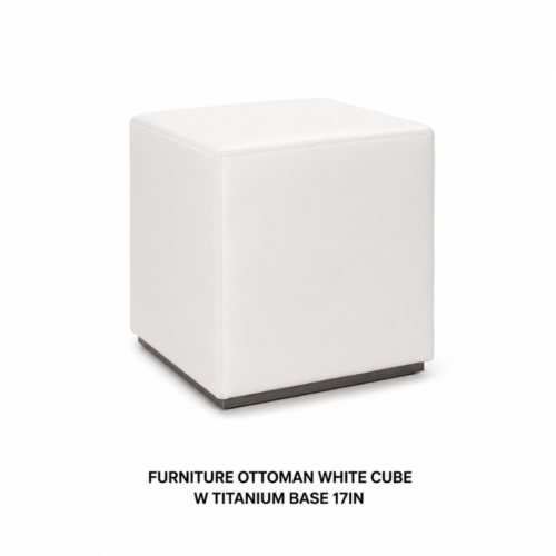 FURNITURE_OTTOMAN_WHITE_CUBE_WITH_TITANIUM_BASE_17IN_WHITE_UPHOLSTERED_CUBE_OTTOMAN_TITANIUM_METAL_BASE_MODERN_LOUNGE_SEATING_ACCENT_STOOL_EVENT_FURNITURE_MINIMALIST_DECOR_RENTAL_WEDDINGS_EVENTS_PARTY_CAYMAN_ISLANDS_CELEBRATIONS