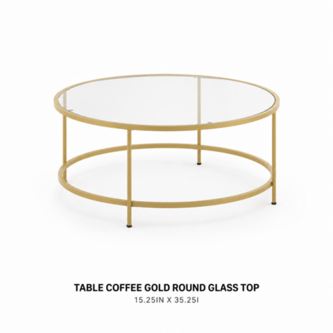 TABLE COFFEE GOLD ROUND GLASS TOP 15.25IN X 35.25IN CELEBRATIONS CAYMAN RENTAL EVENTS WEDDINGS PARTY TABLE COFFEE GOLD ROUND GLASS TOP