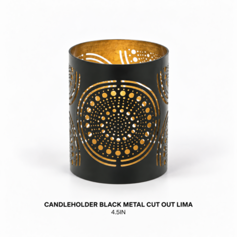CANDLEHOLDER BLACK METAL CUT OUT LIMA 4.5IN
