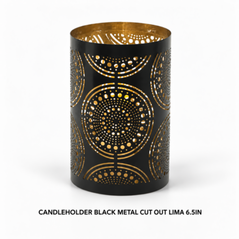 CANDLEHOLDER BLACK METAL CUT OUT LIMA 6.5IN