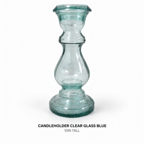 CANDLEHOLDER CLEAR GLASS BLUE 10IN TALL