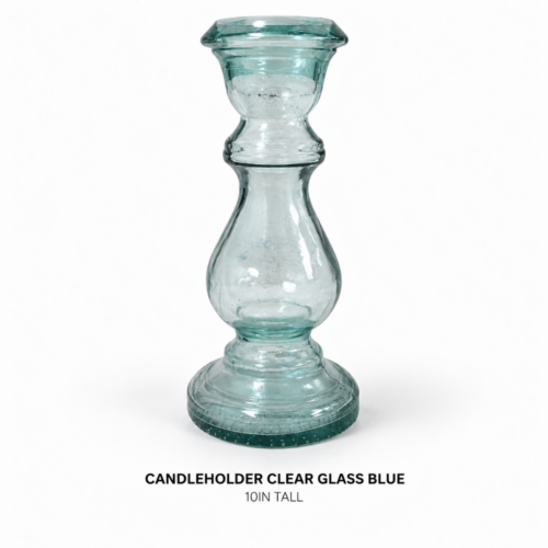 CANDLEHOLDER CLEAR GLASS BLUE 10IN TALL