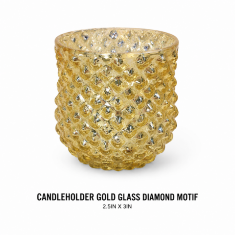 CANDLEHOLDER GOLD GLASS DIAMOND MOTIF 2.5IN X 3IN