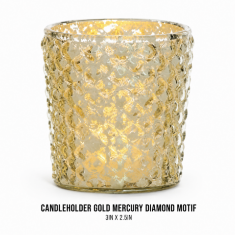 CANDLEHOLDER GOLD MERCURY DIAMOND MOTIF 3IN X 2.5IN