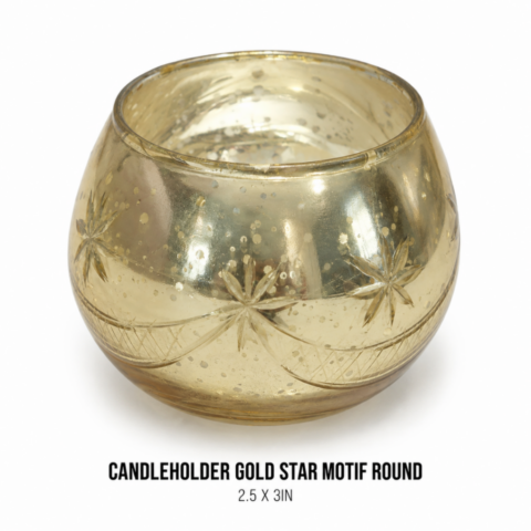 CANDLEHOLDER GOLD STAR MOTIF ROUND 2.5 X 3IN