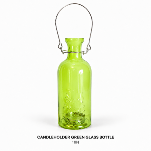 CANDLEHOLDER GREEN GLASS BOTTLE 11IN