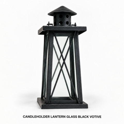 CANDLEHOLDER LANTERN GLASS BLACK VOTIVE