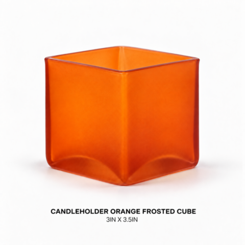 CANDLEHOLDER ORANGE FROSTED CUBE 3IN X 3.5IN