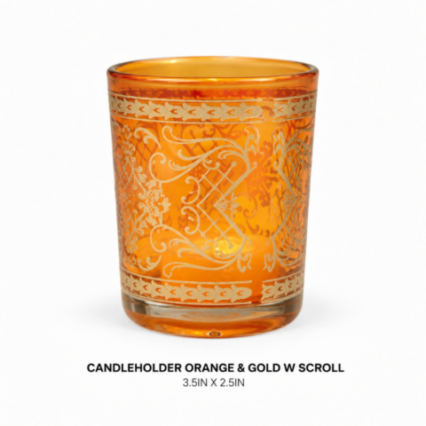 CANDLEHOLDER ORANGE & GOLD W SCROLL 3.5IN X 2.5IN