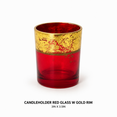 CANDLEHOLDER RED GLASS W GOLD RIM