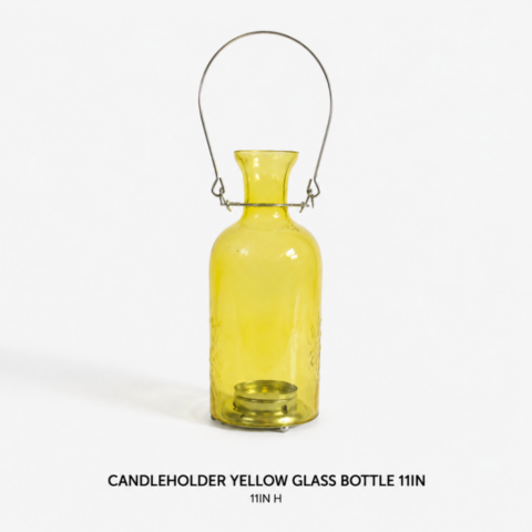 CANDLEHOLDER YELLOW GLASS BOTTLE 11IN