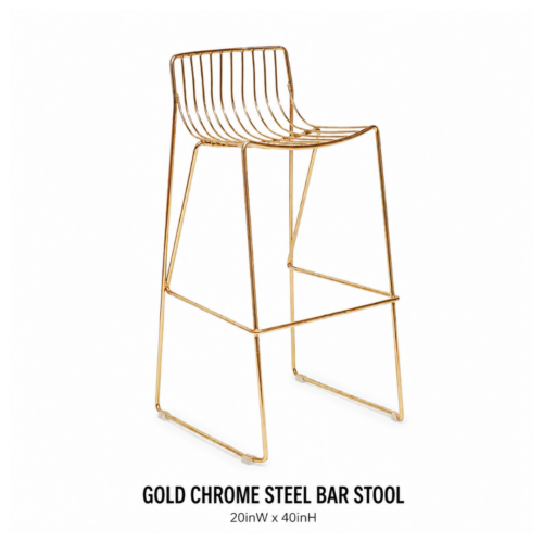 BAR_STOOL_GOLD_CHROME_STEEL_20INW_X_40INH_METAL_BAR_STOOL_GOLD_FINISH_WIRE_FRAME_SEAT_MODERN_BAR_SEATING_COCKTAIL_RECEPTION_FURNITURE_RENTAL_WEDDINGS_EVENTS_PARTY_CAYMAN_ISLANDS_CELEBRATIONS
