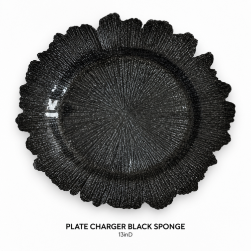 PLATE_CHARGER_BLACK_SPONGE_13IN_DIAMETER_BLACK_TEXTURED_GLASS_CHARGER_PLATE_ORGANIC_SCALLOPED_EDGE_SEA_SPONGE_PATTERN_MODERN_TABLE_SETTING_LUXURY_PLACE_SETTING_DRAMATIC_TABLESCAPE_RENTAL_WEDDINGS_EVENTS_PARTY_CAYMAN_ISLANDS_CELEBRATIONS