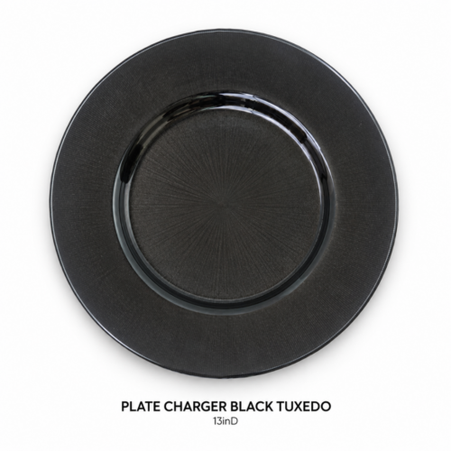 PLATE_CHARGER_BLACK_TUXEDO_13IN_DIAMETER_BLACK_TRANSPARENT_CHARGER_PLATE_RADIAL_TEXTURE_PATTERN_SMOKED_GLASS_FINISH_ELEGANT_TABLE_SETTING_MODERN_PLACE_SETTING_LUXURY_TABLESCAPE_RENTAL_WEDDINGS_EVENTS_PARTY_CAYMAN_ISLANDS_CELEBRATIONS