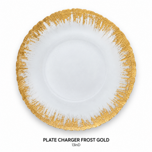 PLATE_CHARGER_FROST_GOLD_13IN_DIAMETER_FROSTED_GLASS_CHARGER_PLATE_GOLD_BRUSHSTROKE_RIM_ORGANIC_EDGE_TEXTURE_ELEGANT_TABLE_SETTING_LUXURY_PLACE_SETTING_GLAM_TABLESCAPE_RENTAL_WEDDINGS_EVENTS_PARTY_CAYMAN_ISLANDS_CELEBRATIONS