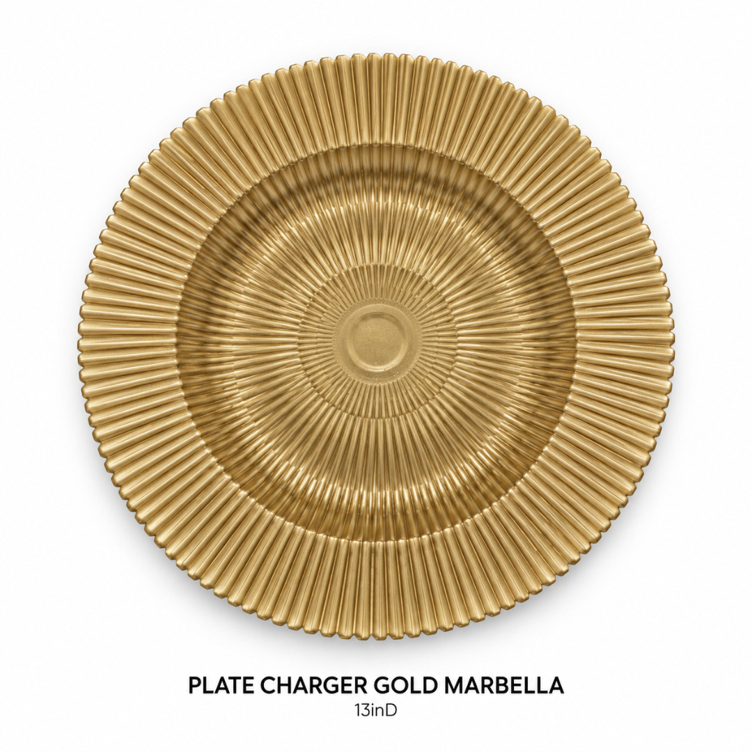 PLATE_CHARGER_GOLD_MARBELLA_13IN_DIAMETER_GOLD_RIBBED_CHARGER_PLATE_METALLIC_FINISH_SUNBURST_TEXTURE_ELEGANT_TABLE_SETTING_LUXURY_PLACE_SETTING_GLAM_TABLESCAPE_RENTAL_WEDDINGS_EVENTS_PARTY_CAYMAN_ISLANDS_CELEBRATIONS