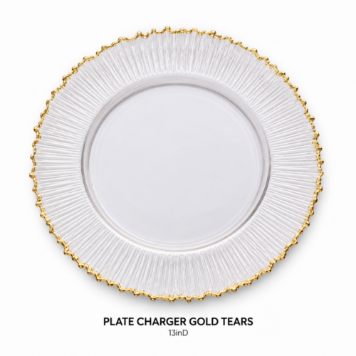 PLATE_CHARGER_GOLD_TEARS_13IN_DIAMETER_CLEAR_CHARGER_PLATE_GOLD_SCALLOPED_EDGE_RIBBED_GLASS_TEXTURE_ELEGANT_TABLE_SETTING_LUXURY_PLACE_SETTING_GLAM_TABLESCAPE_RENTAL_WEDDINGS_EVENTS_PARTY_CAYMAN_ISLANDS_CELEBRATIONS