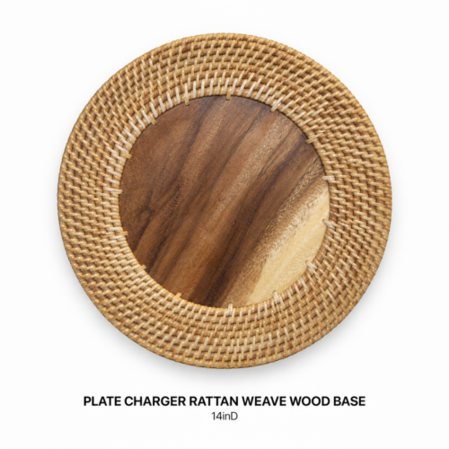 PLATE_CHARGER_RATTAN_WEAVE_WOOD_BASE_14IN_DIAMETER_NATURAL_RATTAN_WOVEN_CHARGER_PLATE_WOOD_CENTER_INSERT_RUSTIC_TABLE_SETTING_BOHO_TROPICAL_TABLESCAPE_ELEGANT_PLACE_SETTING_RENTAL_WEDDINGS_EVENTS_PARTY_CAYMAN_ISLANDS_CELEBRATIONS