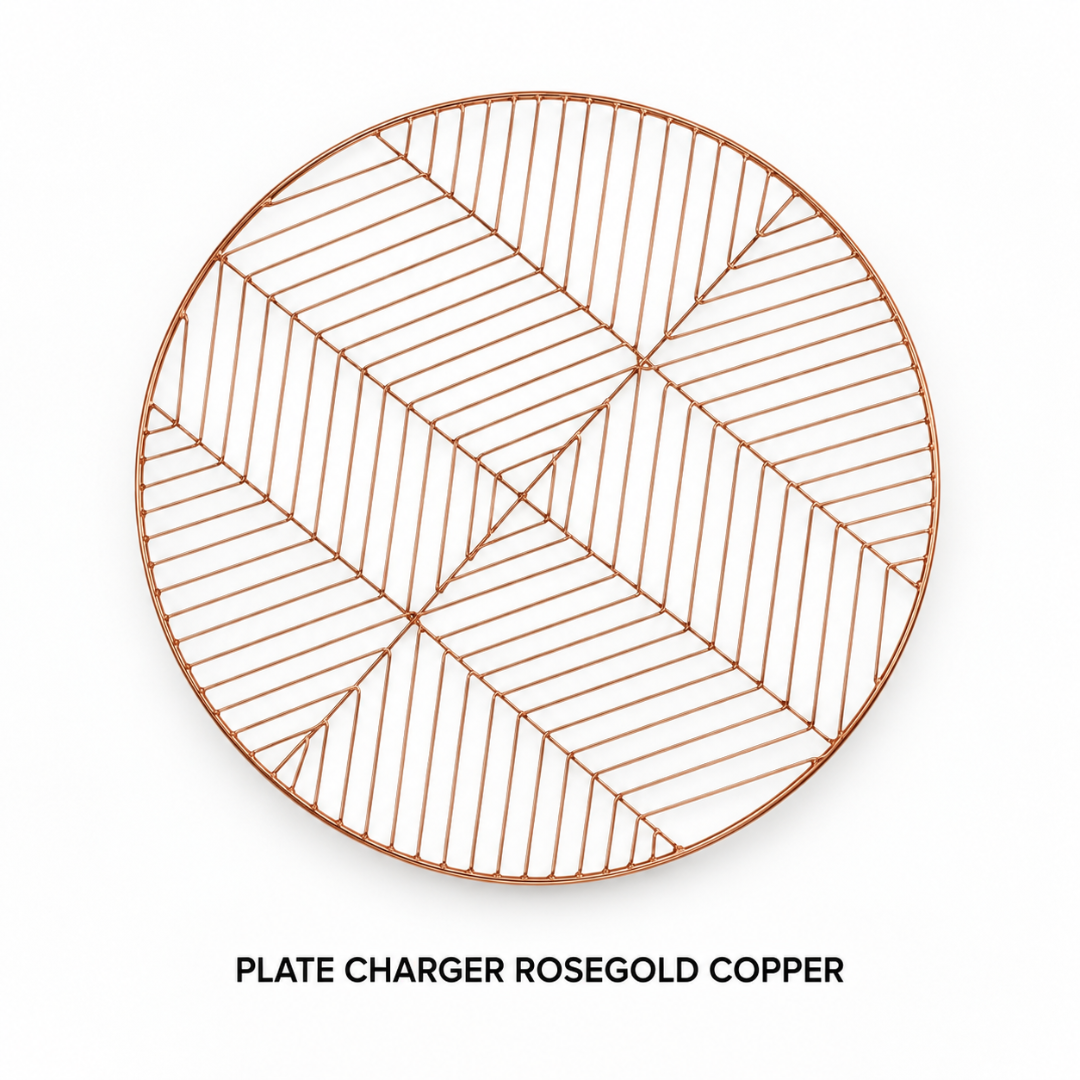 PLATE_CHARGER_ROSEGOLD_COPPER_METAL_13IN_DIAMETER_ROSE_GOLD_WIRE_CHARGER_PLATE_GEOMETRIC_OPEN_FRAME_DESIGN_MODERN_TABLE_SETTING_GLAM_TABLESCAPE_ELEGANT_PLACE_SETTING_RENTAL_WEDDINGS_EVENTS_PARTY_CAYMAN_ISLANDS_CELEBRATIONS