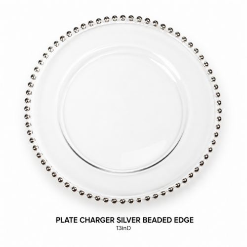 PLATE_CHARGER_SILVER_BEADED_EDGE_13IN_DIAMETER_CLEAR_CHARGER_PLATE_SILVER_BEADED_RIM_ELEGANT_TABLE_SETTING_CLASSIC_PLACE_SETTING_FORMAL_TABLESCAPE_RENTAL_WEDDINGS_EVENTS_PARTY_CAYMAN_ISLANDS_CELEBRATIONS