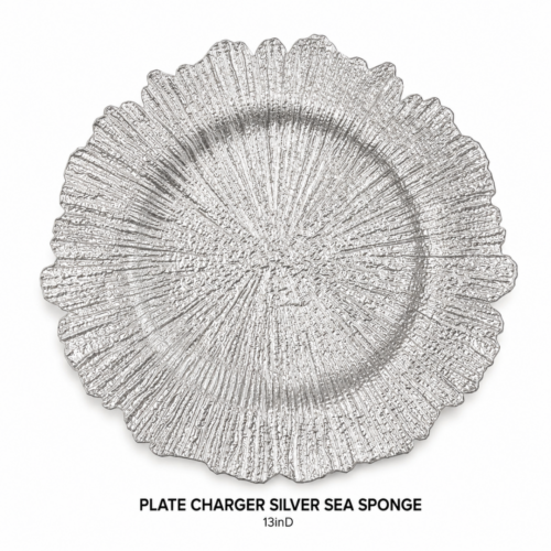 PLATE_CHARGER_SILVER_SEA_SPONGE_13IN_DIAMETER_SILVER_TEXTURED_CHARGER_PLATE_SEA_SPONGE_PATTERN_METALLIC_TABLE_SETTING_ELEGANT_PLACE_SETTING_GLAM_TABLESCAPE_RENTAL_WEDDINGS_EVENTS_PARTY_CAYMAN_ISLANDS_CELEBRATIONS