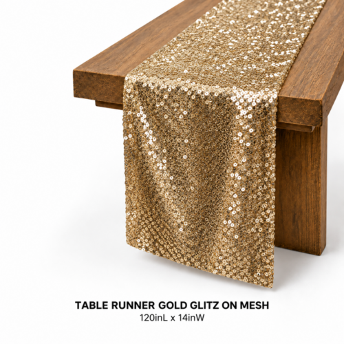 TABLE RUNNER GOLD GLITZ ON MESH 120inL x 14inW