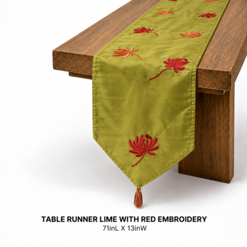 TABLE RUNNER LIME WITH RED EMBROIDERY 71inL X 13in