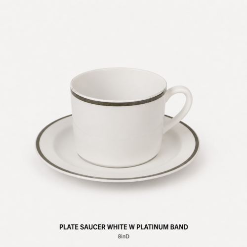 PLATE_SAUCER_WHITE_WITH_PLATINUM_BAND_8IN_D_CHINA_TABLEWARE_DINNERWARE_RENTAL_WEDDINGS_EVENTS_PARTY_CAYMAN_ISLANDS_CELEBRATIONS