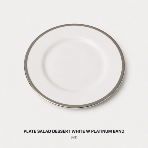 PLATE_SALAD_DESSERT_WHITE_PLATINUM_BAND_8IN_D_TABLEWARE_DINNERWARE_RENTAL_WEDDINGS_EVENTS_PARTY_CAYMAN_ISLANDS_CELEBRATIONS