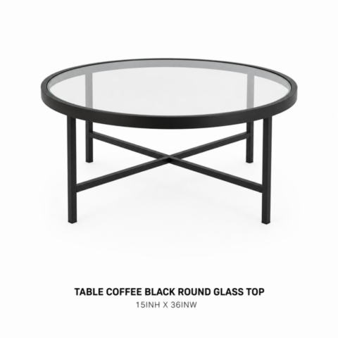 TABLE COFFEE BLACK ROUND GLASS TOP 15inH X 36inW CELEBRATIONS CAYMAN RENTAL EVENTS WEDDINGS PARTY TABLE COFFEE BLACK ROUND GLASS TOP