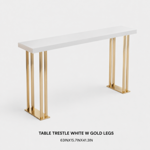 TABLE TRESTLE WHITE W GOLD LEGS 63in X 15.7in X 41.2in CELEBRATIONS CAYMAN RENTAL EVENTS WEDDINGS PARTY TABLE TRESTLE WHITE W GOLD LEGS