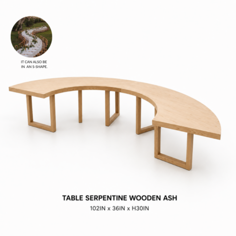 CELEBRATIONS CAYMAN RENTAL TABLE SERPENTINE WOODEN ASH 102IN x 36IN x H30IN