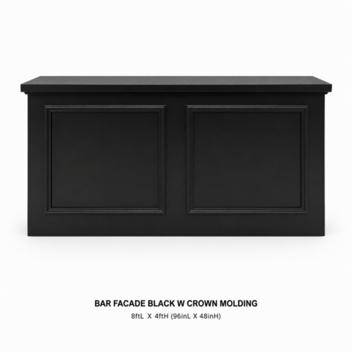 BAR_FACADE_BLACK_WITH_CROWN_MOLDING_8FTL_X_4FTH_BLACK_EVENT_BAR_FACADE_CLASSIC_CROWN_MOLDING_FRONT_PANEL_ELEGANT_BAR_SETUP_COCKTAIL_SERVICE_DISPLAY_LUXURY_EVENT_FURNITURE_RENTAL_WEDDINGS_EVENTS_PARTY_CAYMAN_ISLANDS_CELEBRATIONS