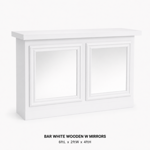 BAR_WHITE_WOODEN_WITH_MIRROR_PANELS_6FTL_X_2FTW_X_4FTH_WHITE_EVENT_BAR_MIRRORED_FRONT_PANELS_CLASSIC_WOOD_BAR_ELEGANT_COCKTAIL_BAR_SETUP_MOBILE_BAR_SERVICE_RECEPTION_BAR_RENTAL_WEDDINGS_EVENTS_PARTY_CAYMAN_ISLANDS_CELEBRATIONS