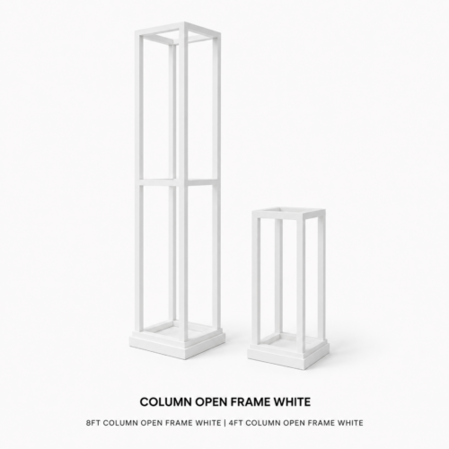 COLUMN_OPEN_FRAME_WHITE_8FT_AND_4FT_WHITE_METAL_OPEN_FRAME_COLUMN_SET_MODERN_PEDESTAL_STANDS_FLORAL_STANDS_CEREMONY_DECOR_AISLE_DECOR_CENTERPIECE_DISPLAY_RENTAL_WEDDINGS_EVENTS_PARTY_CAYMAN_ISLANDS_CELEBRATIONS