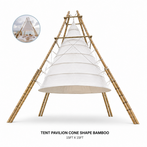 TENT_PAVILION_CONE_SHAPE_BAMBOO_15FT_X_15FT_BAMBOO_PAVILION_TENT_CONE_SHAPED_CANOPY_TROPICAL_EVENT_STRUCTURE_WHITE_FABRIC_SHADE_ISLAND_THEME_BEACH_EVENT_LOUNGE_COVER_RENTAL_WEDDINGS_EVENTS_PARTY_CAYMAN_ISLANDS_CELEBRATIONS