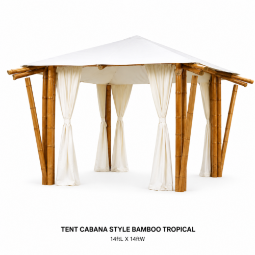 TENT_CABANA_STYLE_BAMBOO_TROPICAL_14FTL_X_14FTW_BAMBOO_CABANA_TENT_TROPICAL_EVENT_CANOPY_WHITE_DRAPED_CURTAINS_ISLAND_THEME_OUTDOOR_LOUNGE_SHADE_STRUCTURE_BEACH_EVENT_RENTAL_WEDDINGS_EVENTS_PARTY_CAYMAN_ISLANDS_CELEBRATIONS