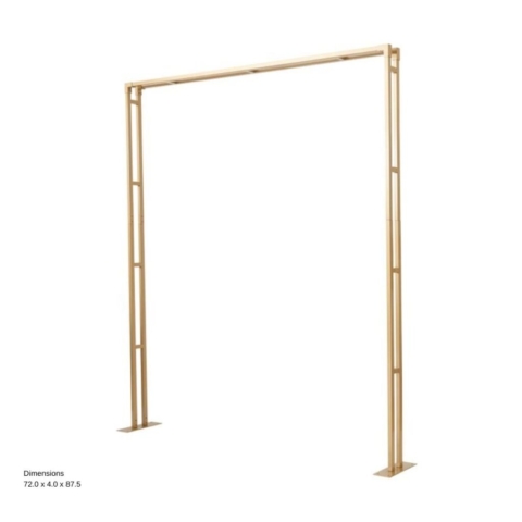 mage showcasing an elegant gold Berkshire arch, measuring 72 inches in height, 4 inches in width, and 87.5 inches in length, designed to add regal charm and sophistication to event settings or decorative arrangements