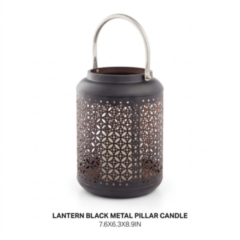 LANTERN BLACK METAL PILLAR CANDLE - Event rental by Celebrations Grand Cayman.